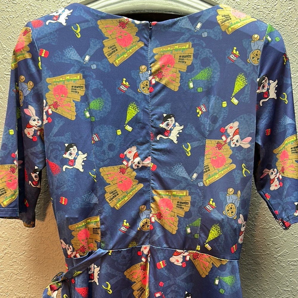 LINDY BOP Graffiti Animals Skulls Faux Wrap Surplice Dress US 8 - Picture 5 of 11